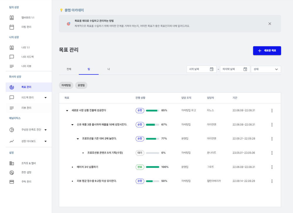 클랩(CLAP)에서는 트리구조를 통해 목표 간의 얼라인(정렬)을 한 눈에 볼 수 있어요.