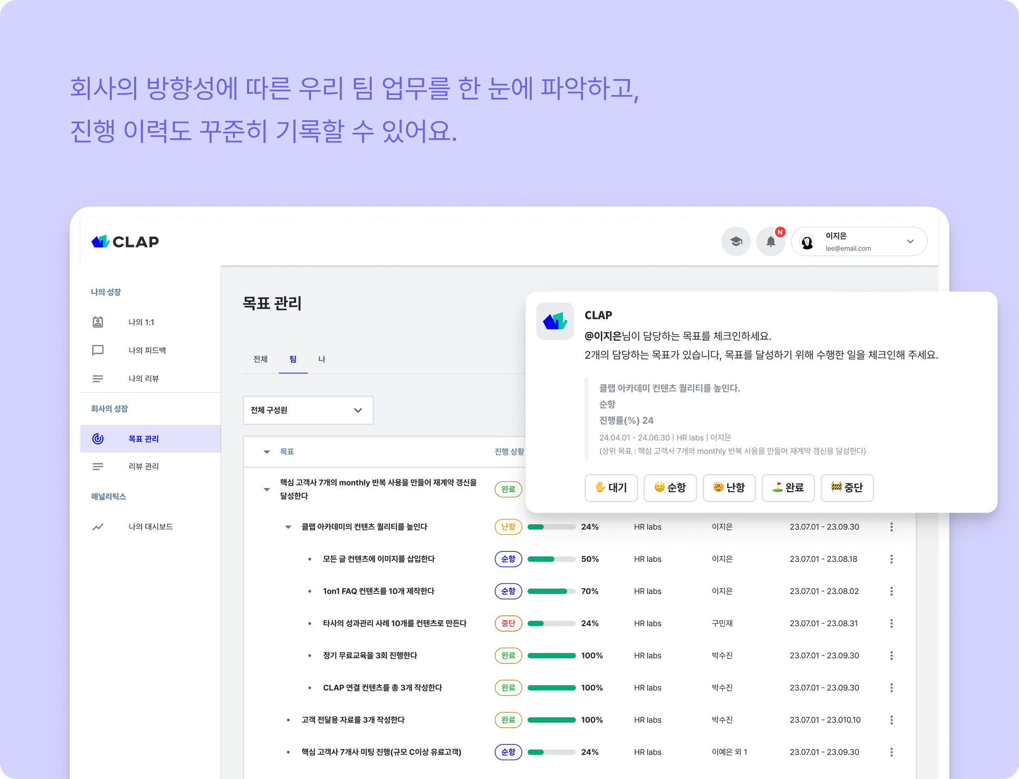 CLAP의 목표기능은 회사의 방향성에 따른 팀 업무를 한 눈에 파악하고 진행이력도 꾸준히 기록할 수 있습니다