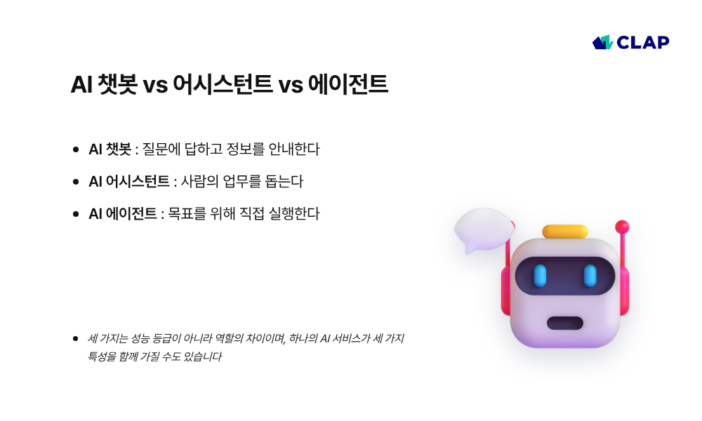 AI 챗봇, AI 어시스턴트, AI 에이전트 비교
