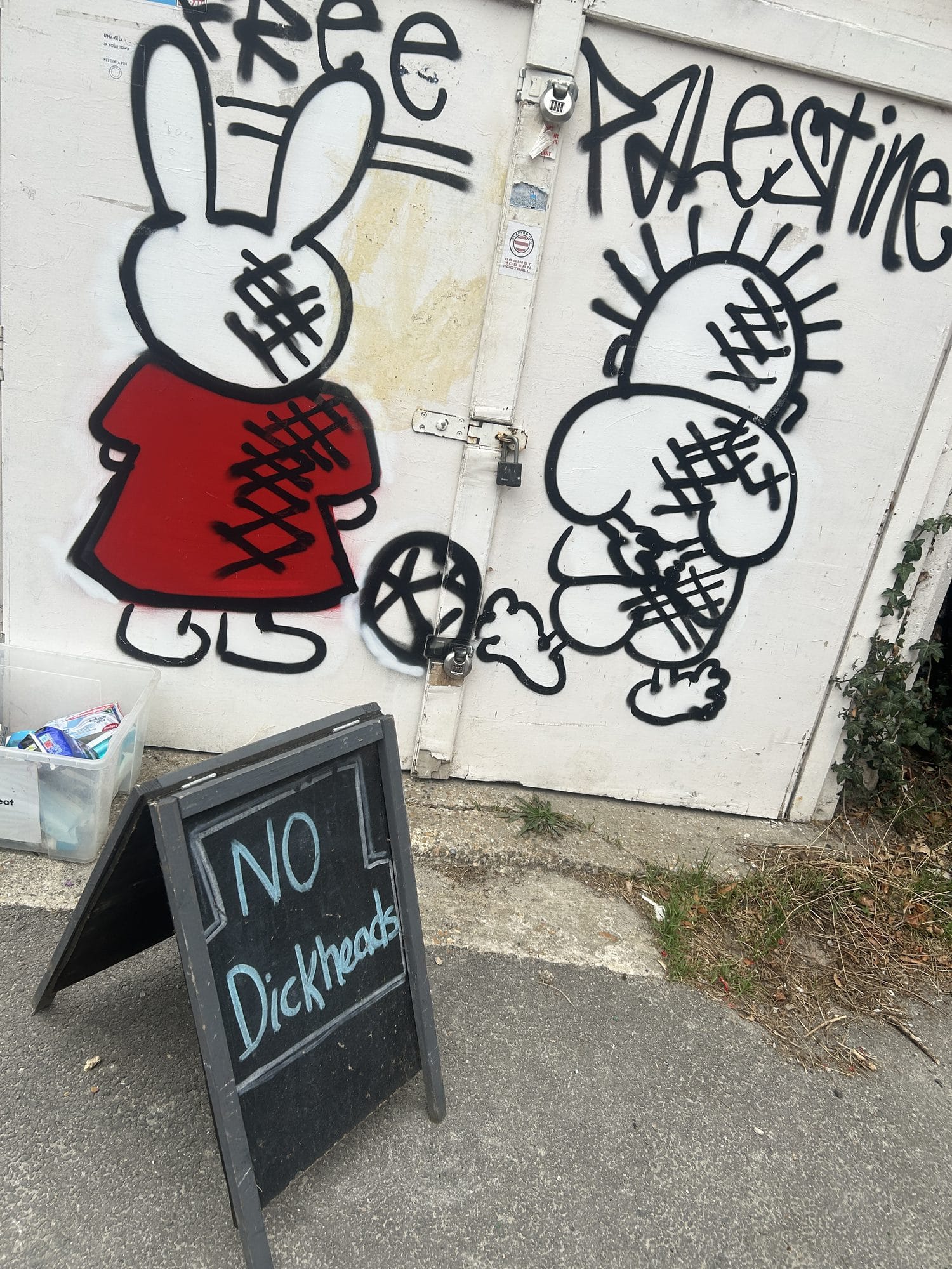 Two cartoon figures sprayed on white garage doors under the words "Free Palestine", with a chalkboard sign in front reading "No Dickheads"
