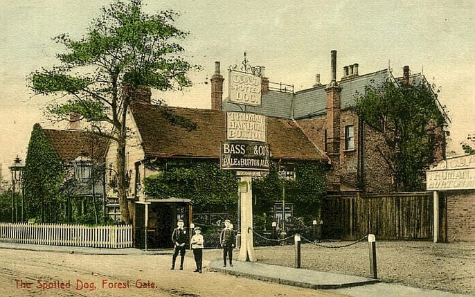 Hand-coloured postcard of the Spotted Dog pub, Forest Gate, early 1900s