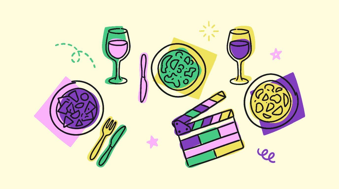 A doodle of a dinner table from above, with plates, wine glasses and a film clapperboard