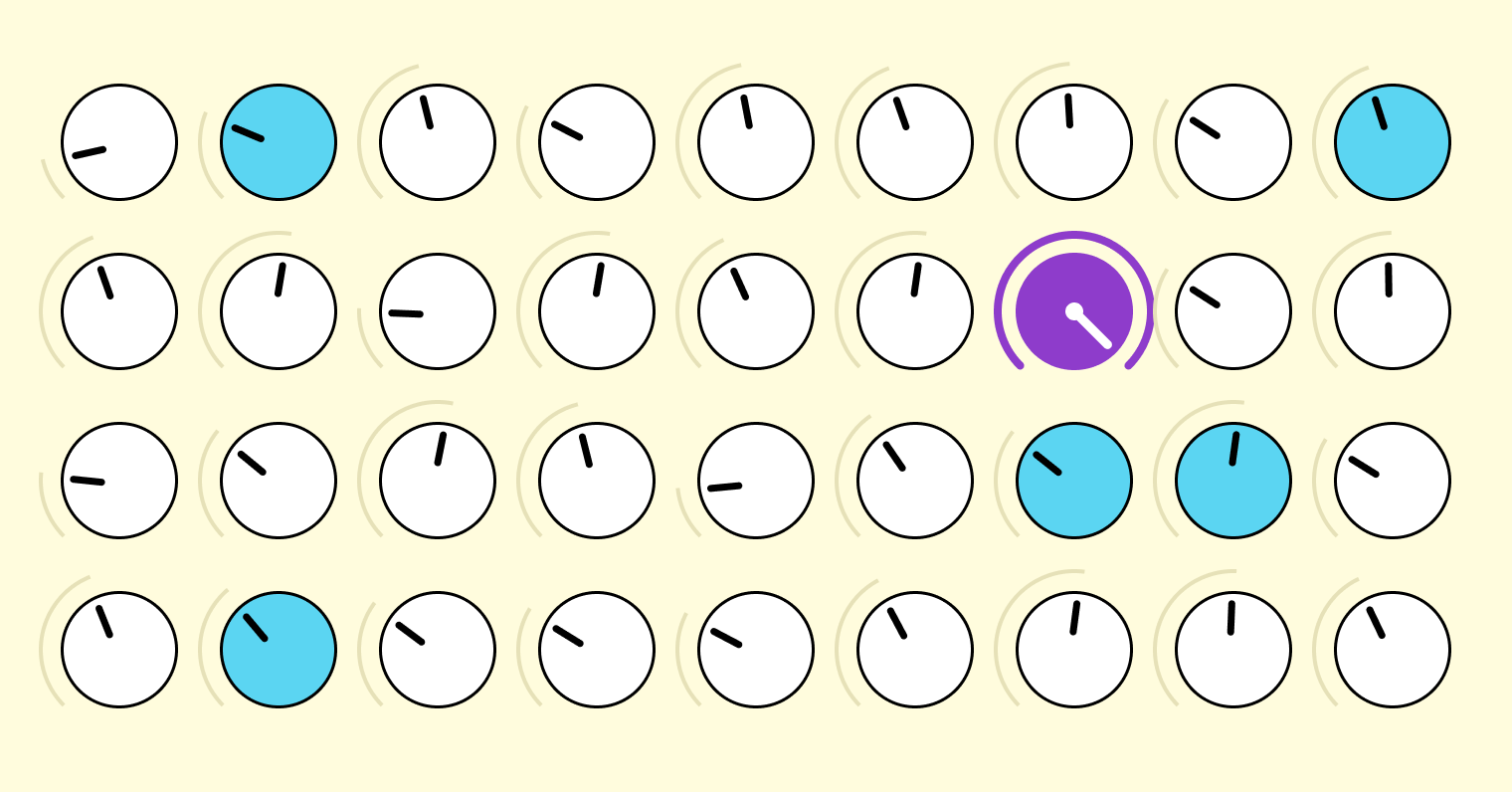 A panel of mixing-desk dials, one purple dial turned all the way up