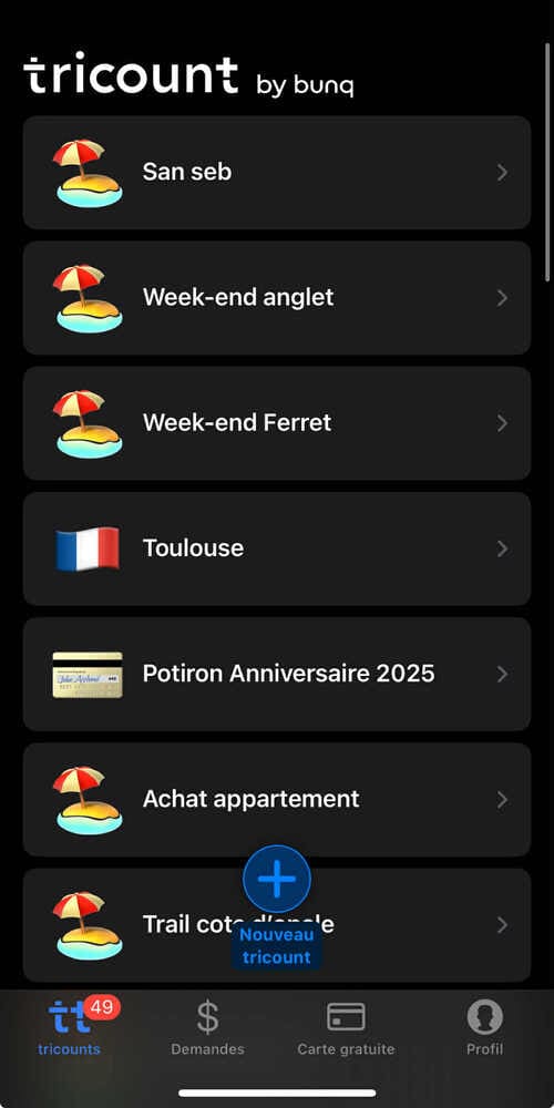tricount application - écran accueil