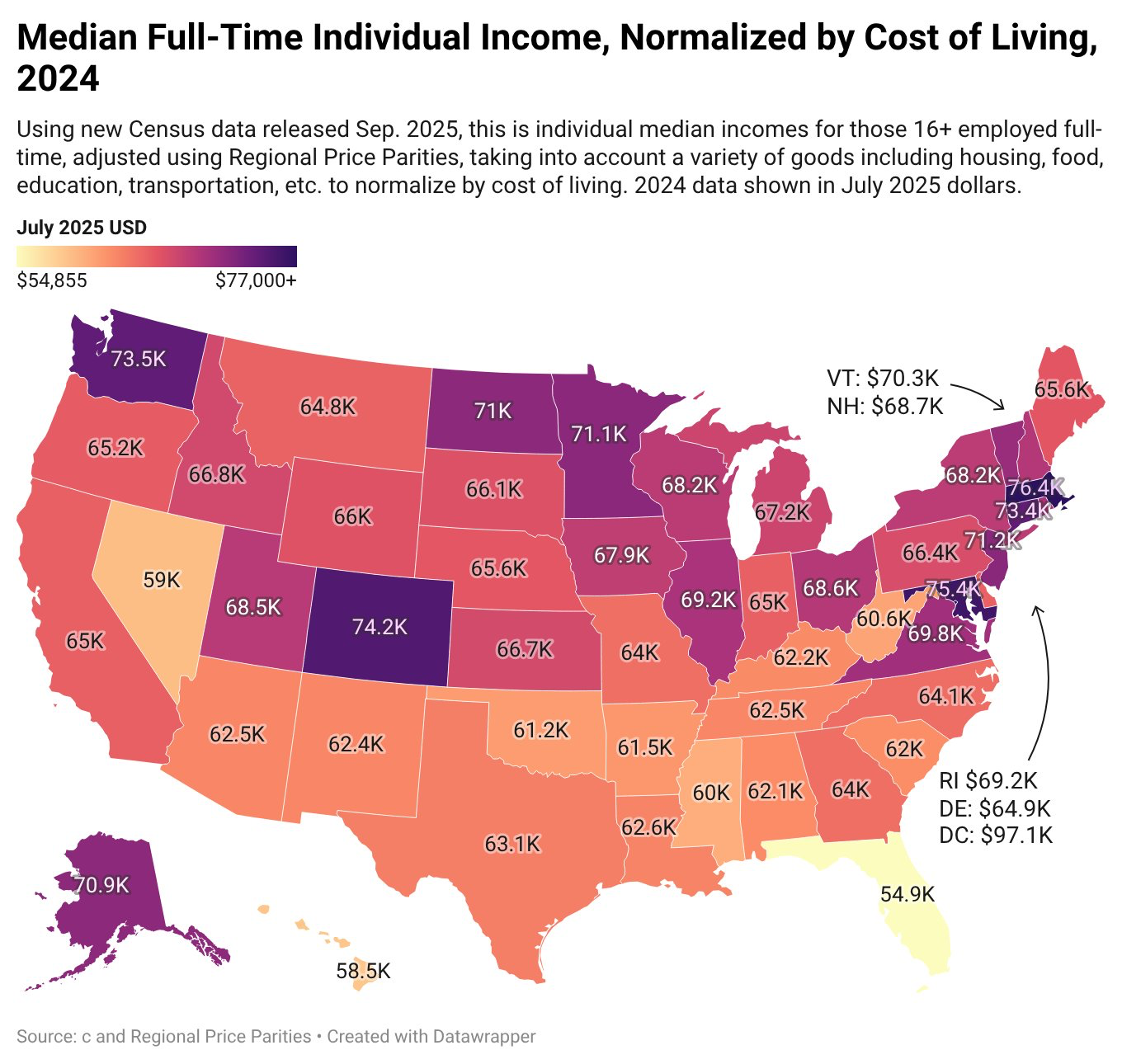 Median full-time individual income normalized by cost of living, 2024