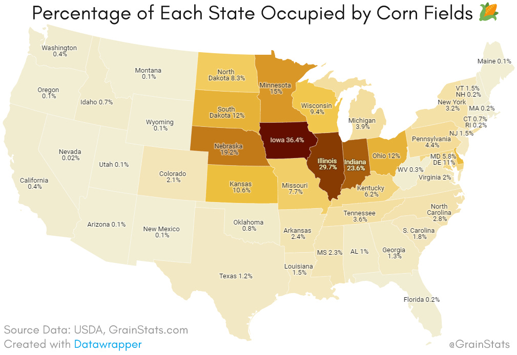 Percent of each state occupied by corn fields