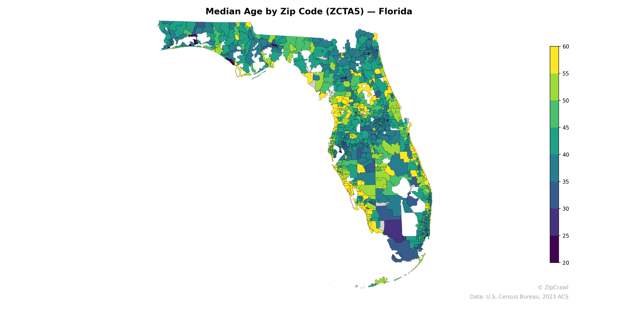 Median age by ZIP code in Florida