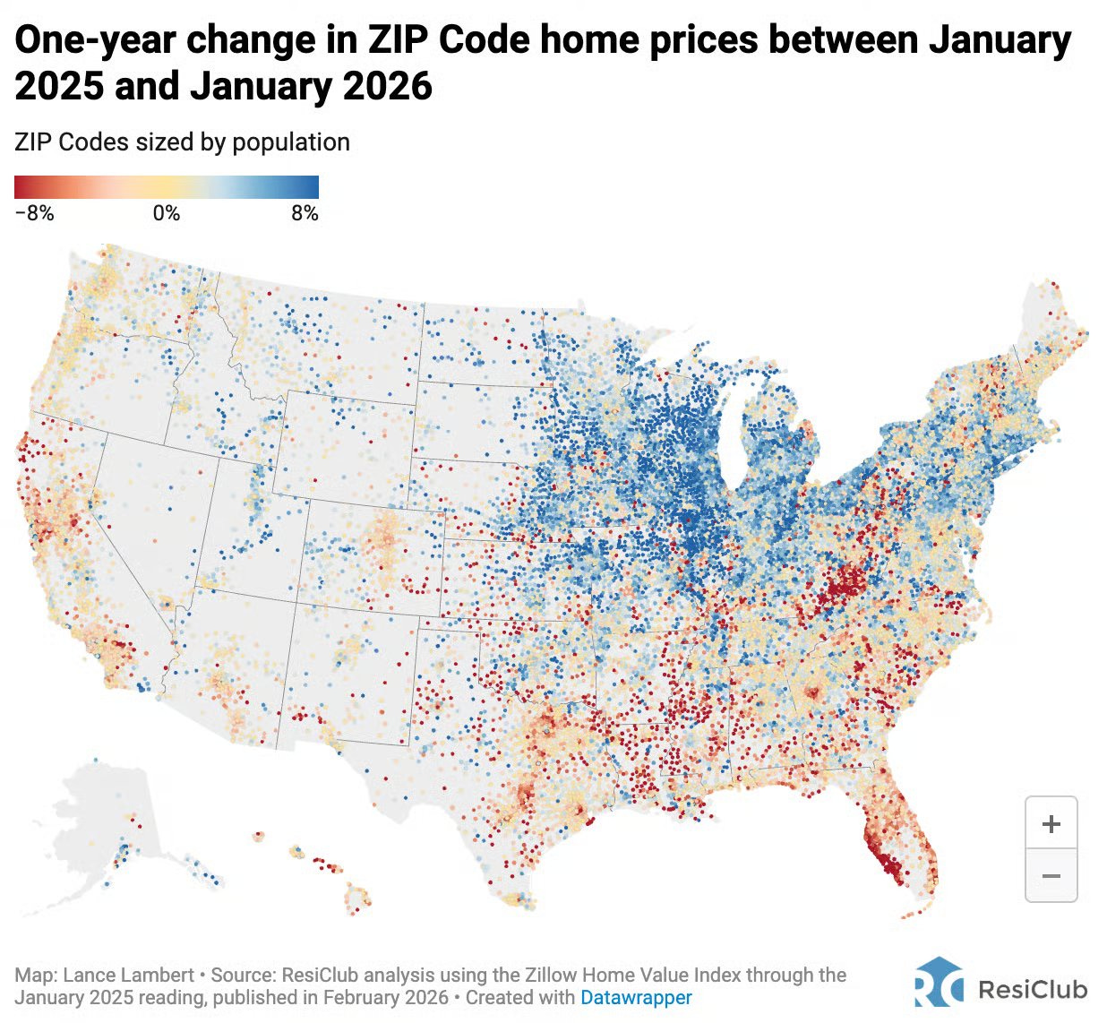 One-year change in ZIP Code home prices
