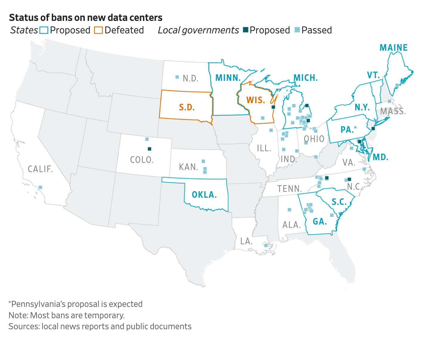 Status of bans on new data centers