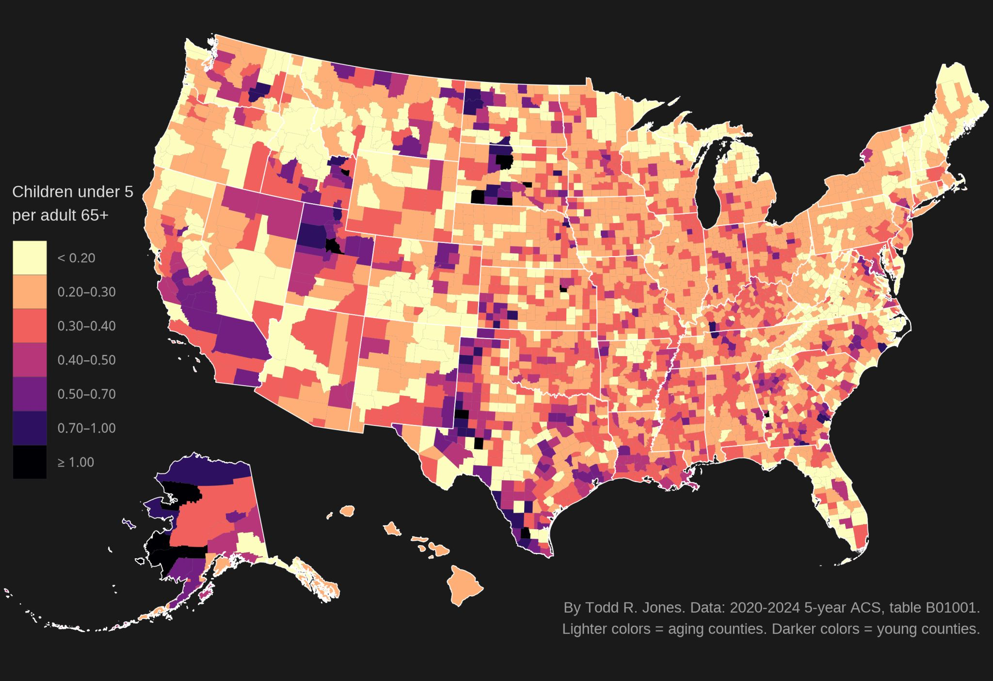 Children under 5 per adult 65 and older