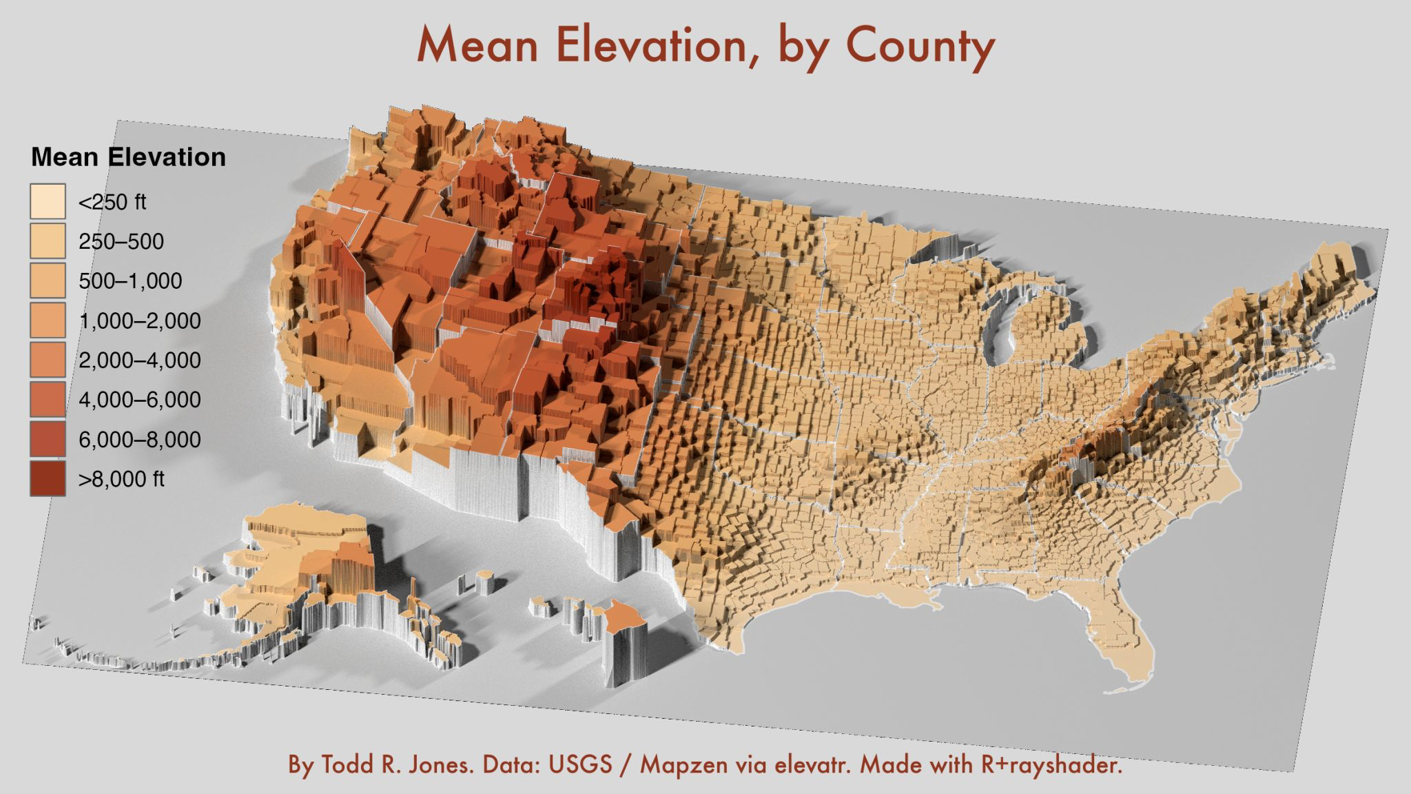 Mean elevation by county