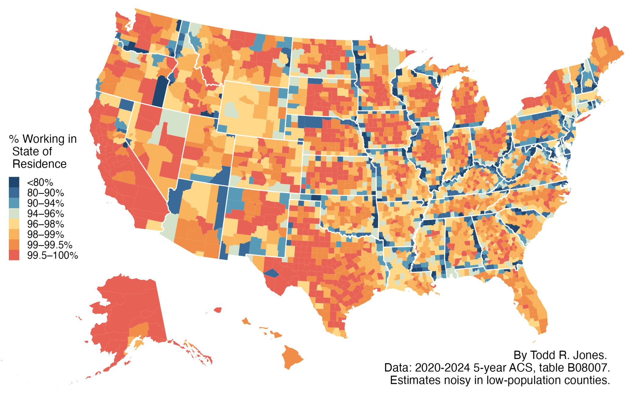 Percent working in state of residence by county