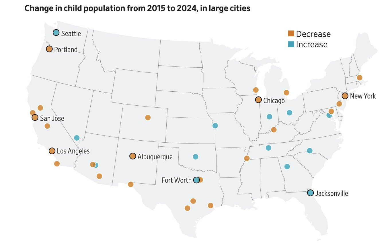 Change in child population from 2015 to 2024 in large cities
