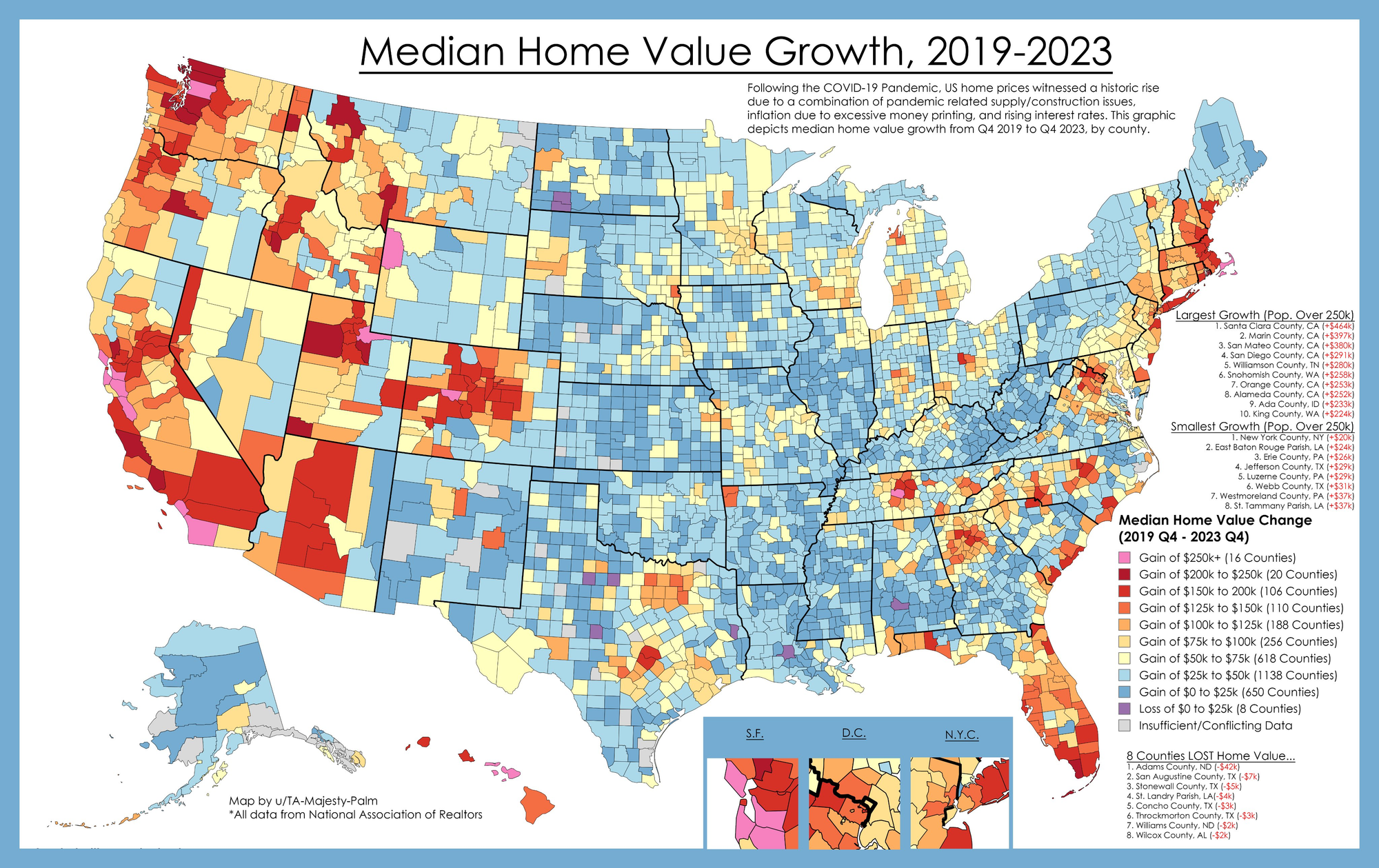 Median home value growth by county, 2019 to 2023