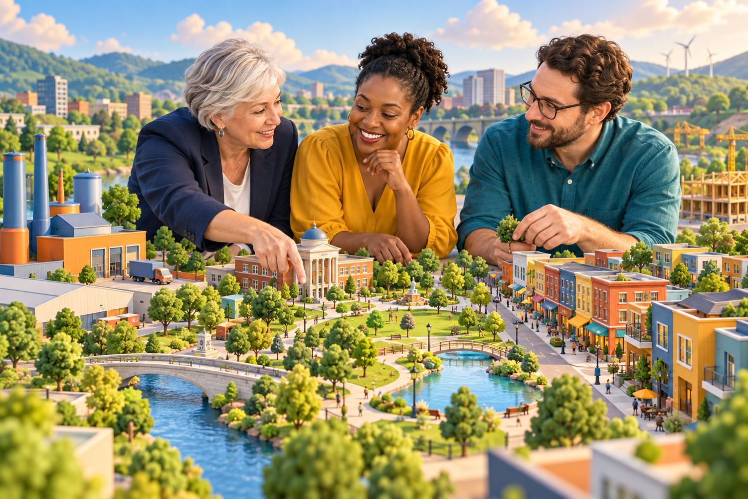 Three economic development professionals collaborating over a colorful miniature town.