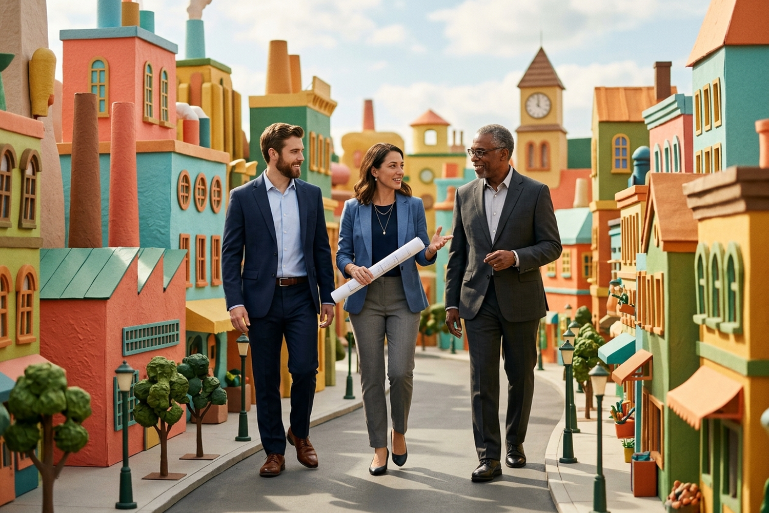 Three economic development professionals walking through a colorful miniature town.