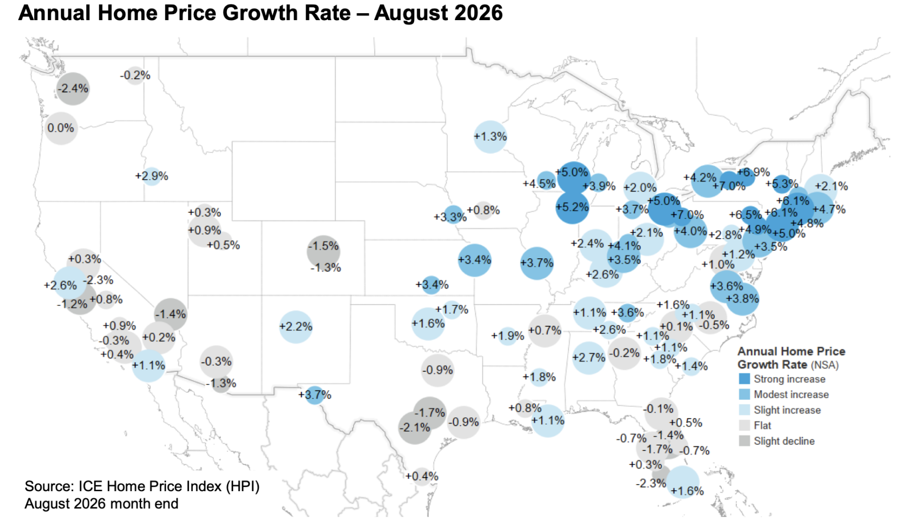 Map of annual home-price growth in August 2026, with gains concentrated in many Midwest and Northeast markets and declines in several Western and Southern markets