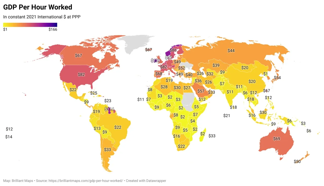 Estimated GDP per hour worked by country in 2025, in constant 2021 international dollars at purchasing power parity