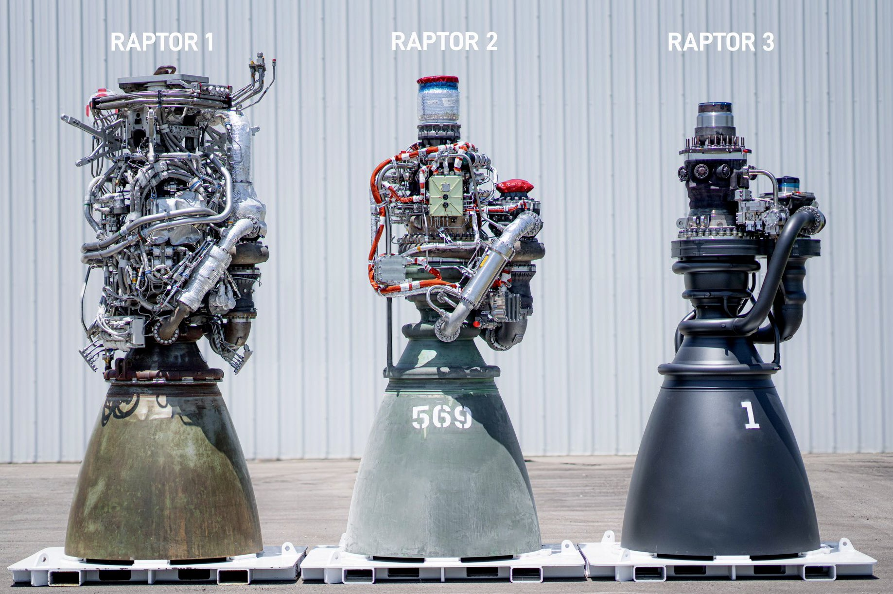 Side-by-side comparison of successive SpaceX Raptor engines, showing a progressively simpler exterior