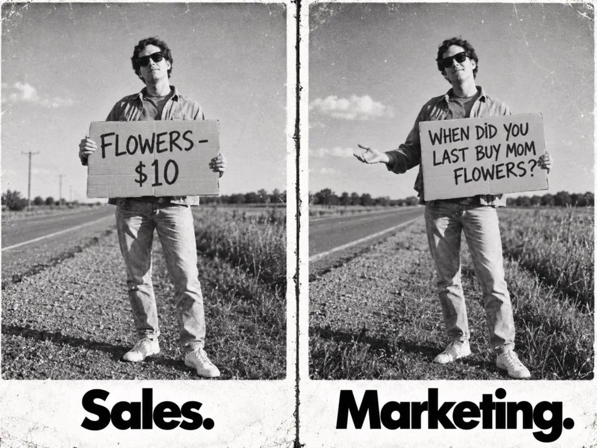 Two flower-selling signs: one gives the price; the other asks when the reader last bought flowers for Mom