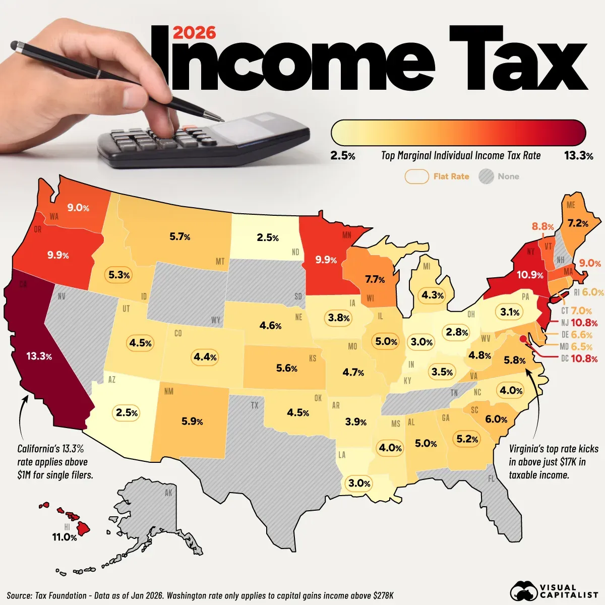 Map of top state income-tax rates in 2026, with flat-tax and capital-gains qualifications