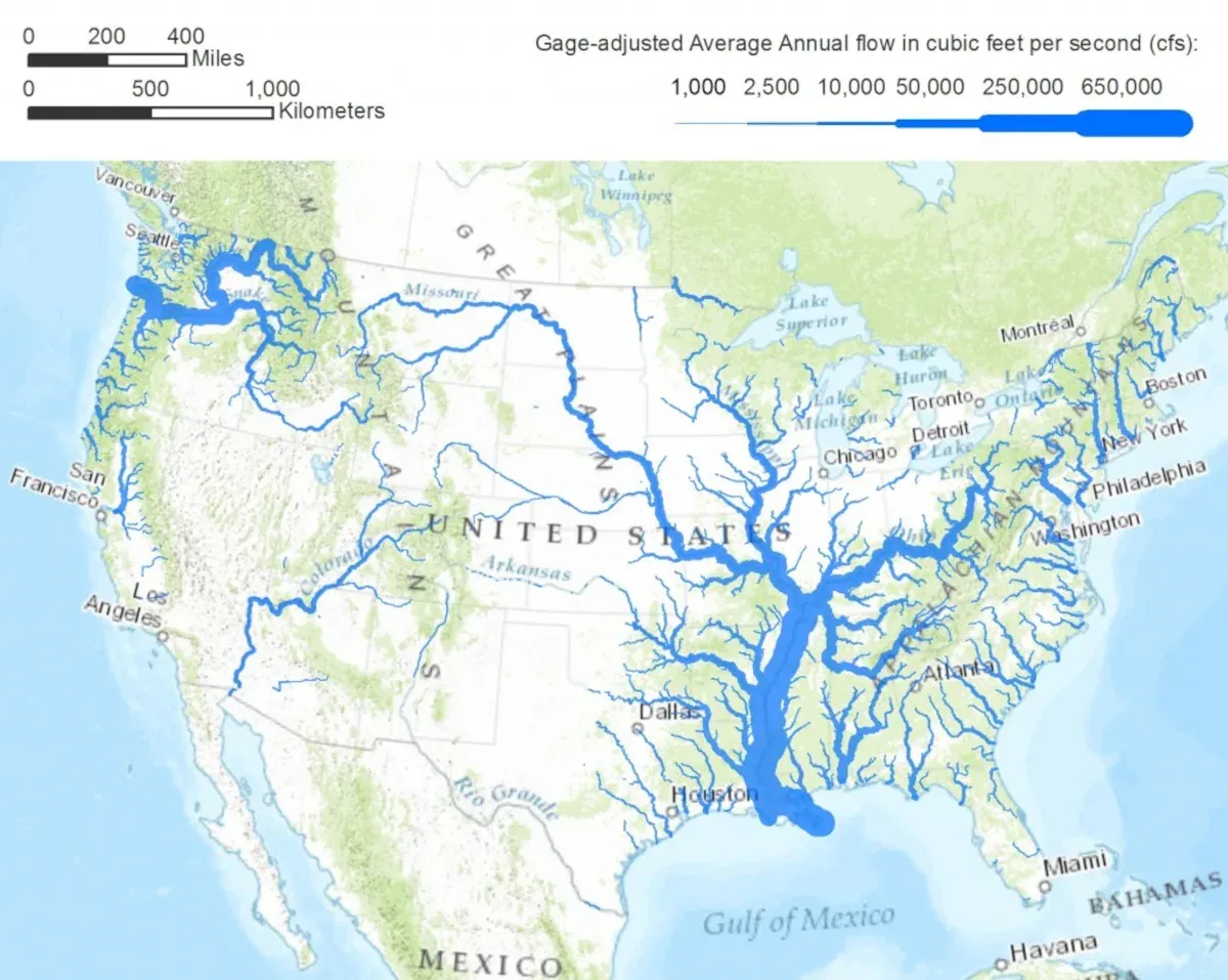 U.S. rivers drawn with widths proportional to their average annual water flows
