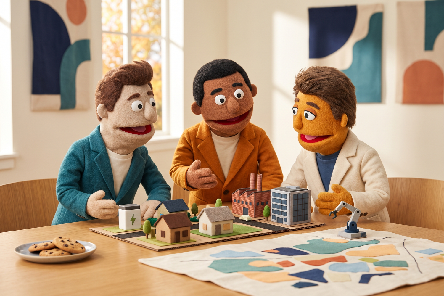 Three plush economic developers planning a miniature community with housing, manufacturing, power, and technology.