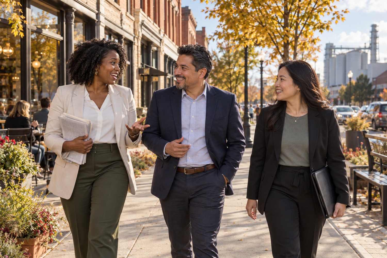 Three economic development professionals touring an autumn downtown.