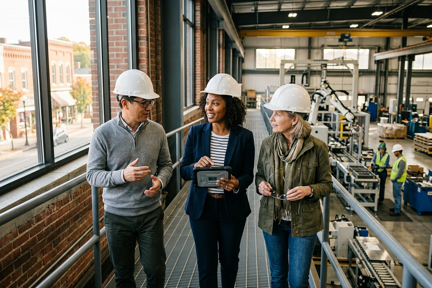Professionals touring a manufacturing facility.