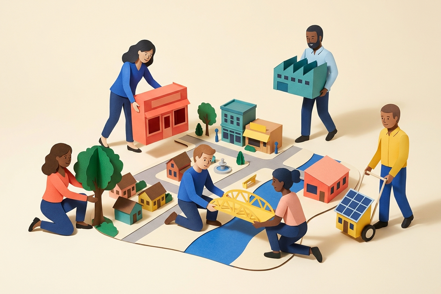 Colorful paper-cut people working together to assemble a miniature town with homes, businesses, trees, and a bridge.