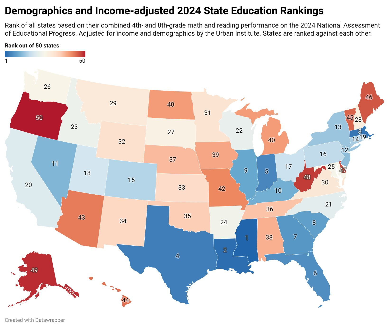 State rankings for demographically adjusted 2024 fourth- and eighth-grade math and reading performance