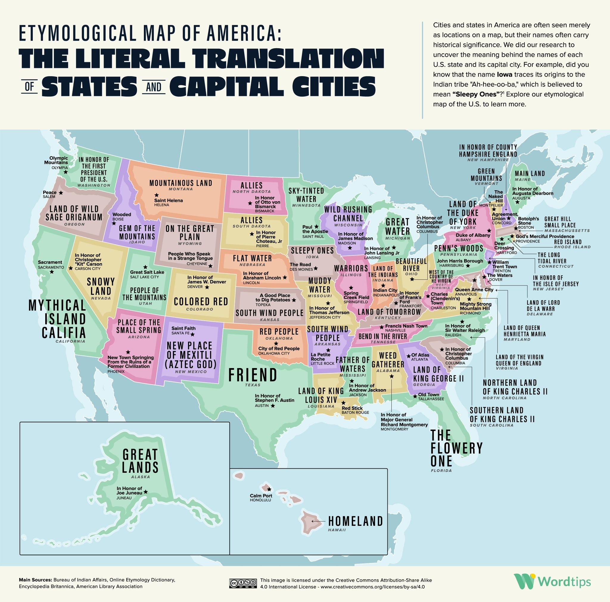 Wordtips' etymological map of U.S. states and capital cities