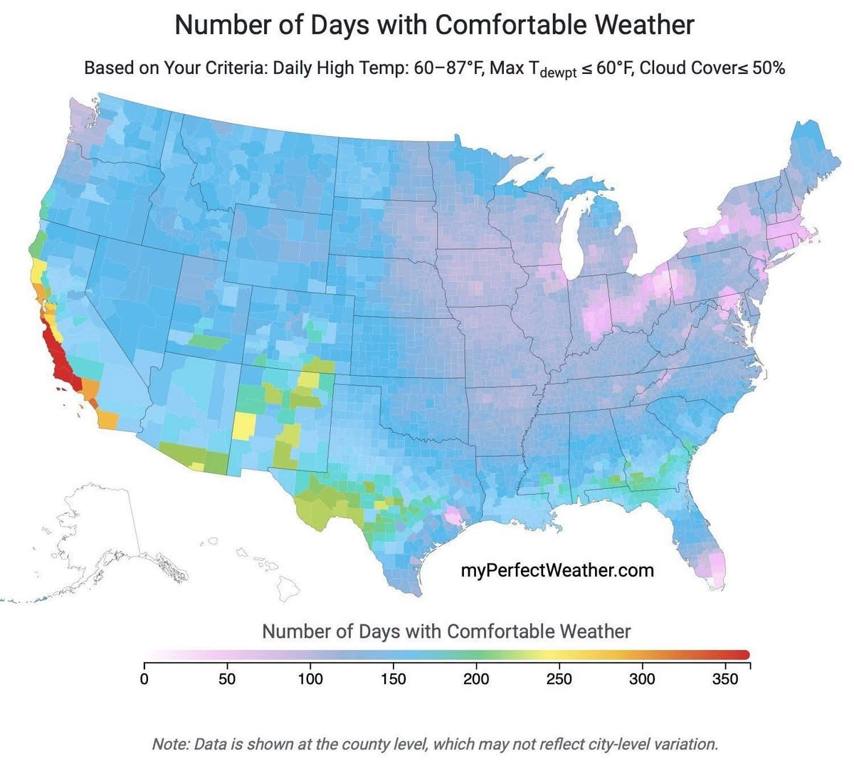 Annual comfortable-weather days under the temperature, humidity, and cloud-cover criteria shown