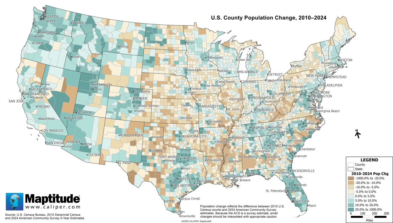 County population change comparing the 2010 Census with 2024 ACS five-year estimates
