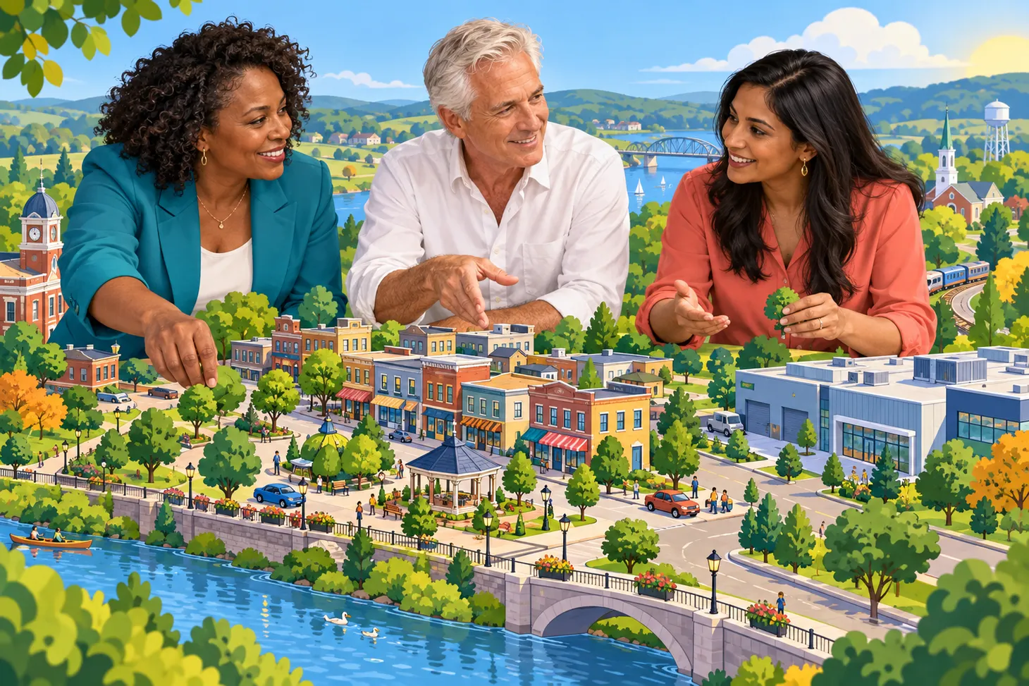 Three economic development professionals collaborating over a colorful miniature town.