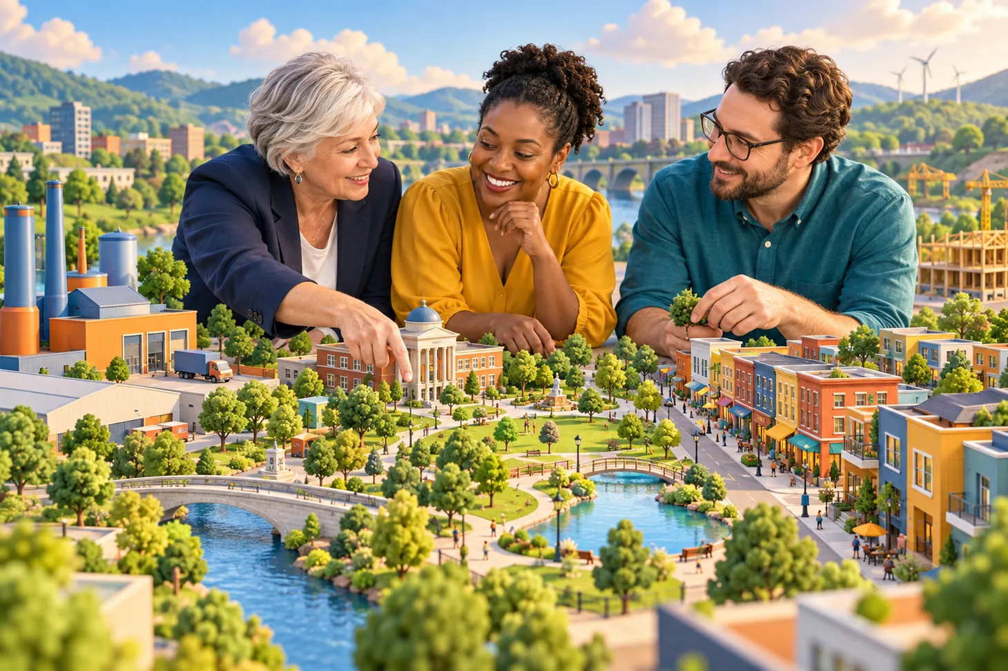 Three economic development professionals collaborating over a colorful miniature town.