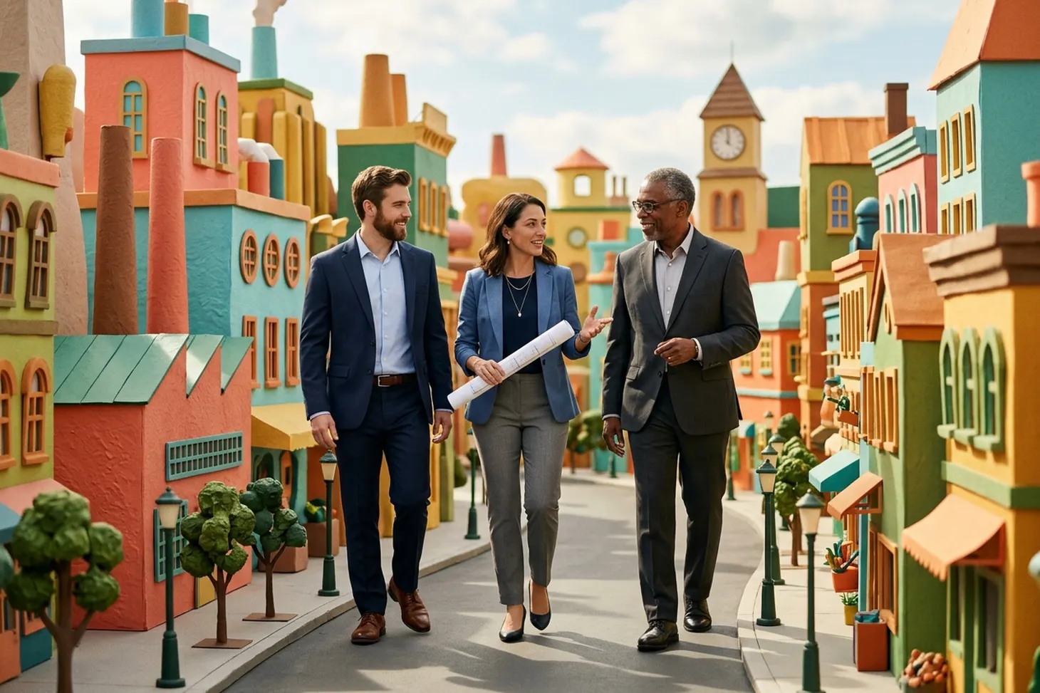 Three economic development professionals walking through a colorful miniature town.