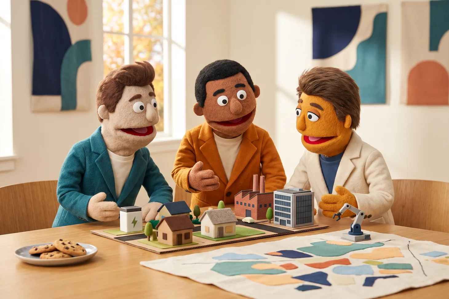 Three plush economic developers planning a miniature community with housing, manufacturing, power, and technology.
