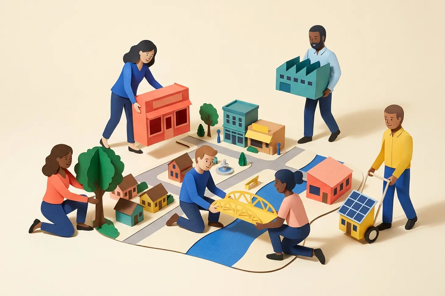 Colorful paper-cut people working together to assemble a miniature town with homes, businesses, trees, and a bridge.