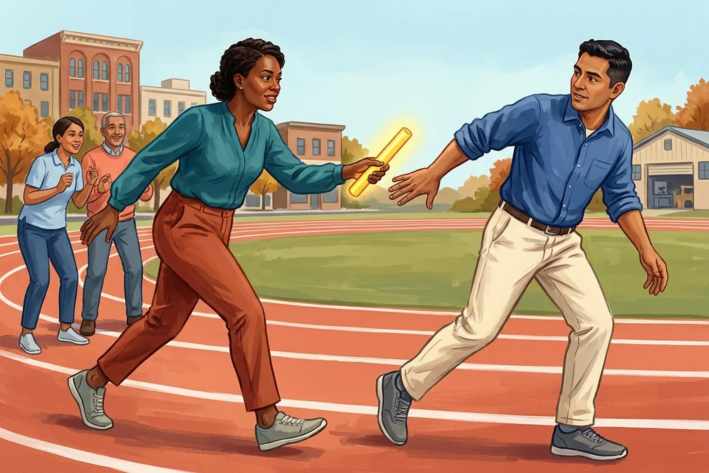 Community leaders passing a relay baton on a running track, illustrating shared economic opportunity.