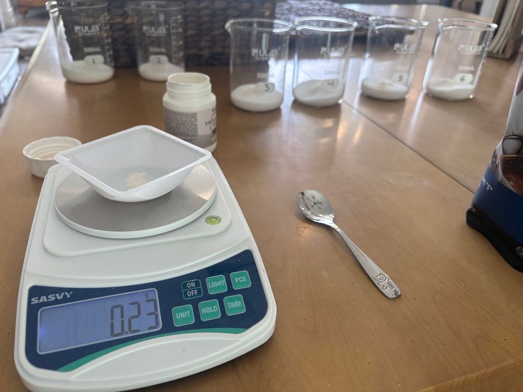 A kitchen table with a gram scale and numbered beakers of white powder