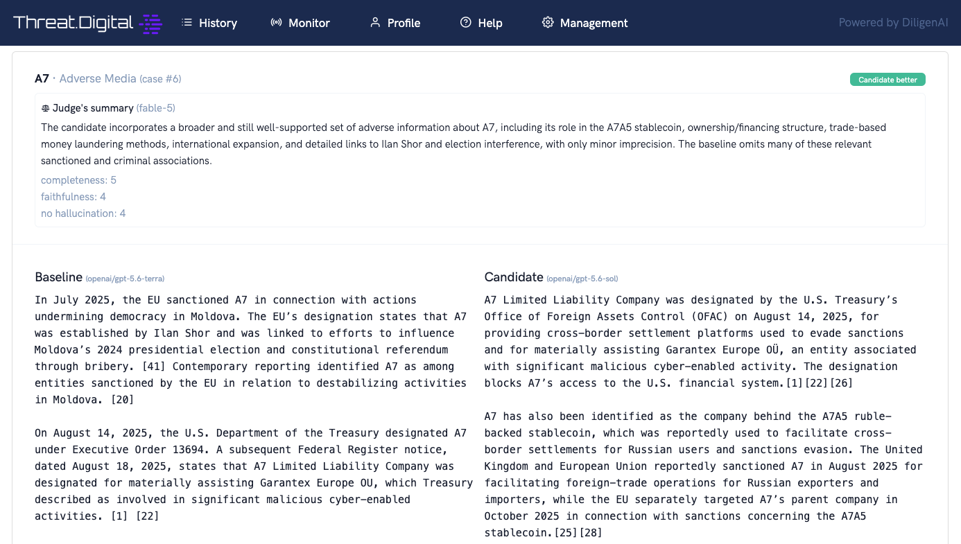 Threat.Digital internal model comparison tool evaluating two AI models on an adverse media due diligence task
