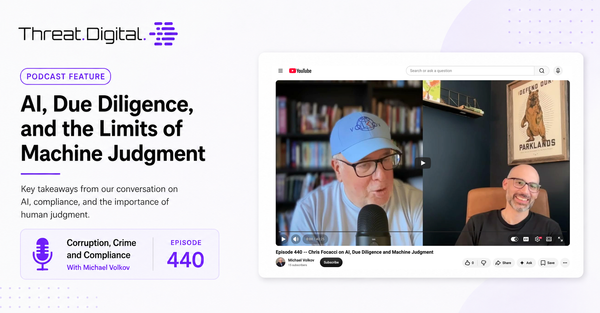 Podcast feature graphic for Episode 440 of Corruption, Crime and Compliance, covering AI, due diligence, compliance, and the limits of machine judgmen