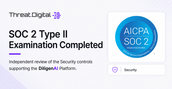 Threat.Digital graphic announcing completion of its SOC 2 Type II examination for the DiligenAI Platform