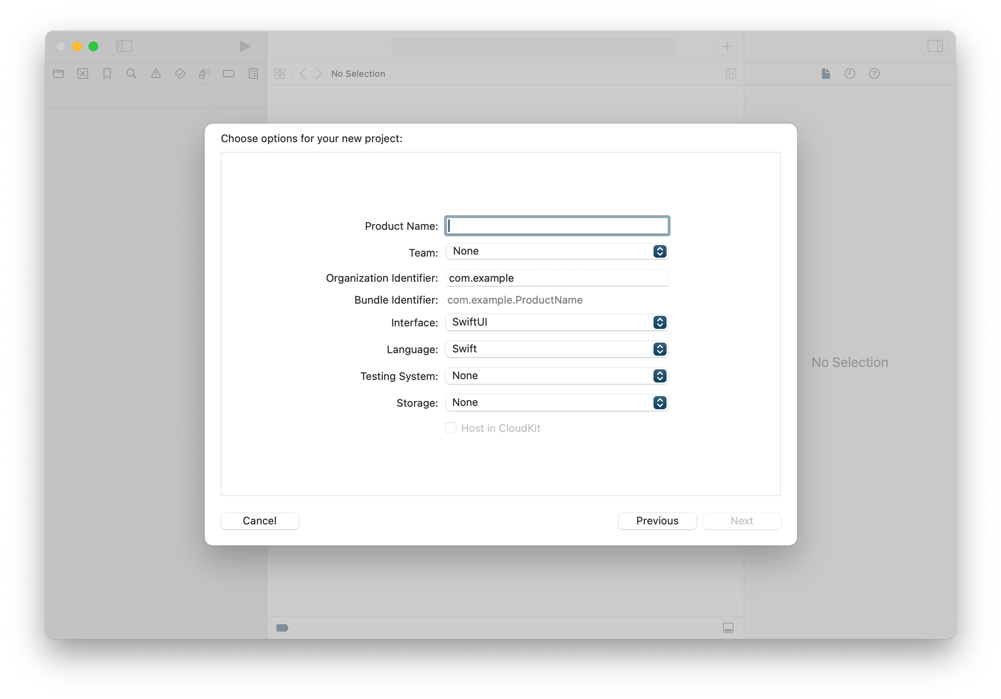 Screenshot of empty new project assistant window in Xcode 16.
