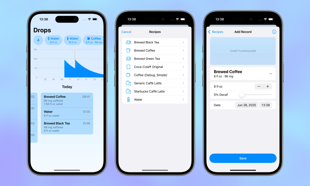 Screenshots. 1, chart, entry list, and buttons to log food. 2, list of foods, including teas, coffee, and soda. 3, view for adding new entry, controls for size, decaf, and date.