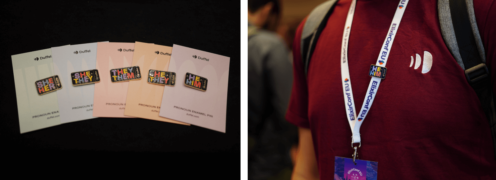 Pronoun pins on the table and on a t-shirt with assorted pronouns