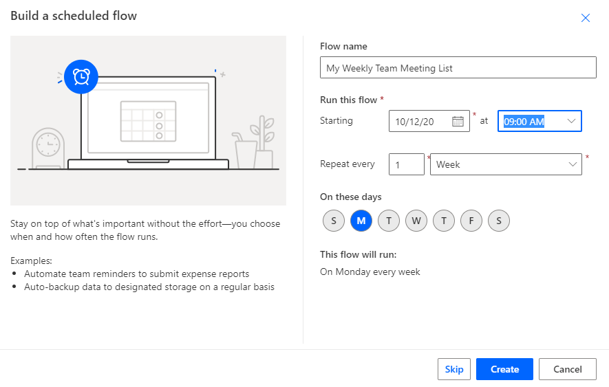 A new flow that is set to repeat weekly at 9AM