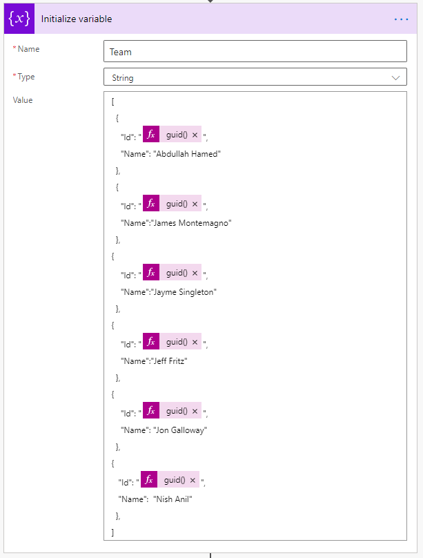 Another string variable with a json list of names
