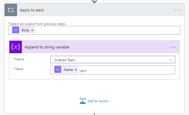 Apply each name and break tag to the ordered team